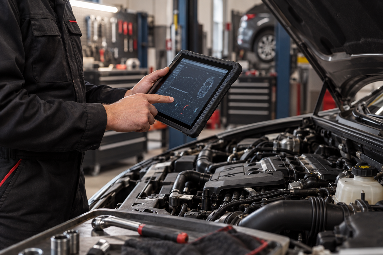 Imagem ilustrativa de um diagnóstico automotivo feito com equipamento eletrônico